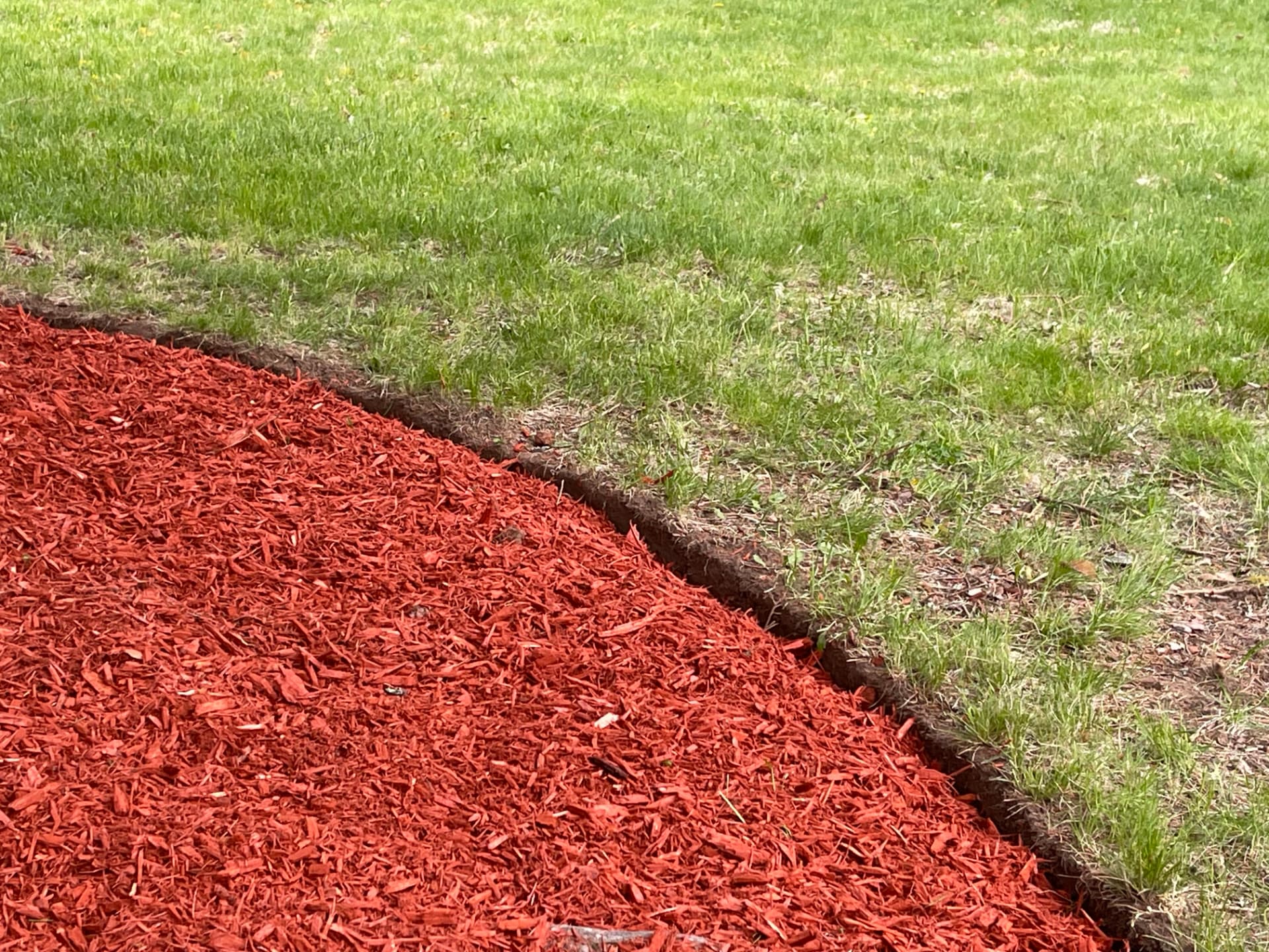 Crisp edged red mulch bed against green lawn