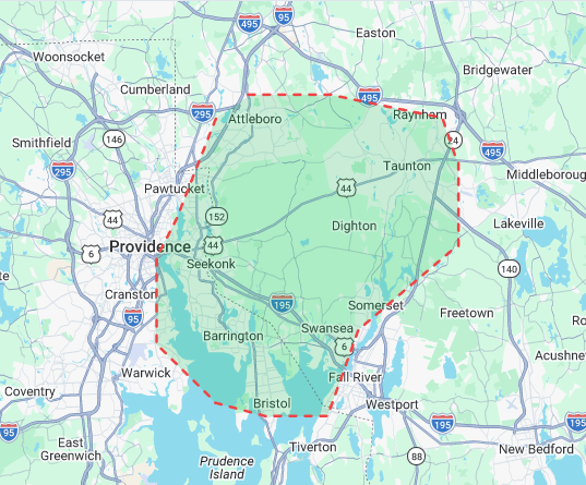 Costa's Services area map showing Rehoboth, MA and surrounding towns